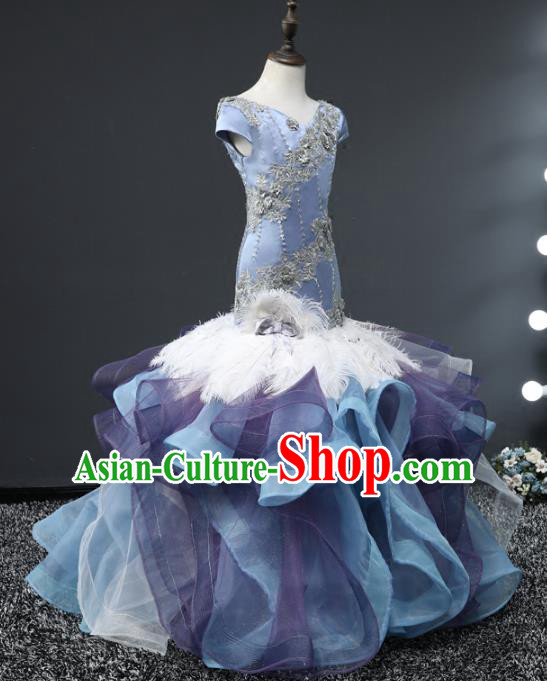 Children Stage Performance Costumes Blue Mermaid Dress Modern Fancywork Full Dress for Kids