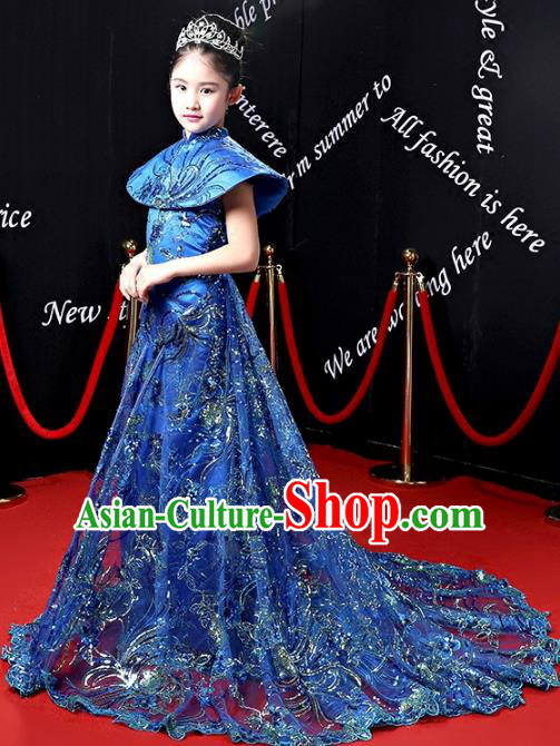 Children Stage Performance Costumes Ballroom Blue Trailing Cheongsam Modern Fancywork Full Dress for Kids