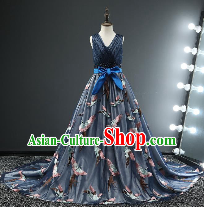 Children Stage Performance Costumes Ballroom Waltz Dance Blue Dress Modern Fancywork Full Dress for Kids