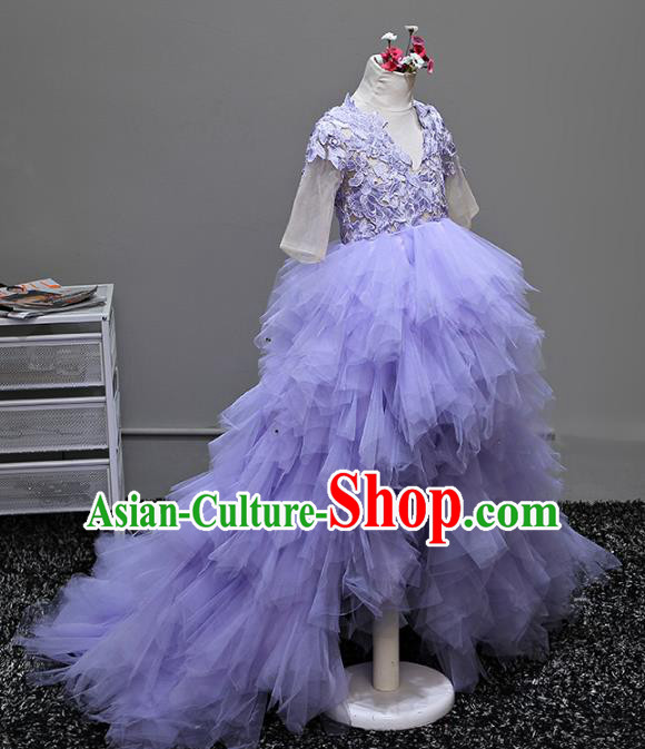 Children Stage Performance Costumes Ballroom Purple Bubble Dress Modern Fancywork Full Dress for Kids