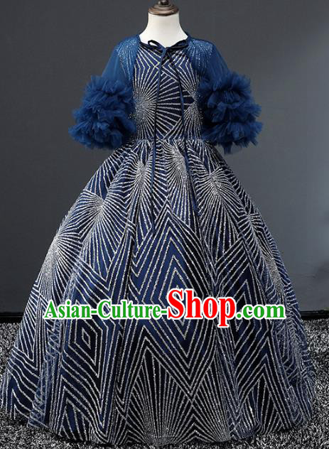 Children Stage Performance Costumes Blue Evening Dresses Modern Fancywork Bubble Full Dress for Kids