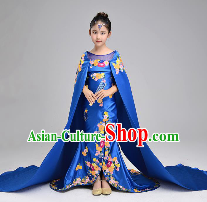 Children Stage Performance Costumes Blue Embroidered Evening Dresses Modern Fancywork Full Dress for Kids