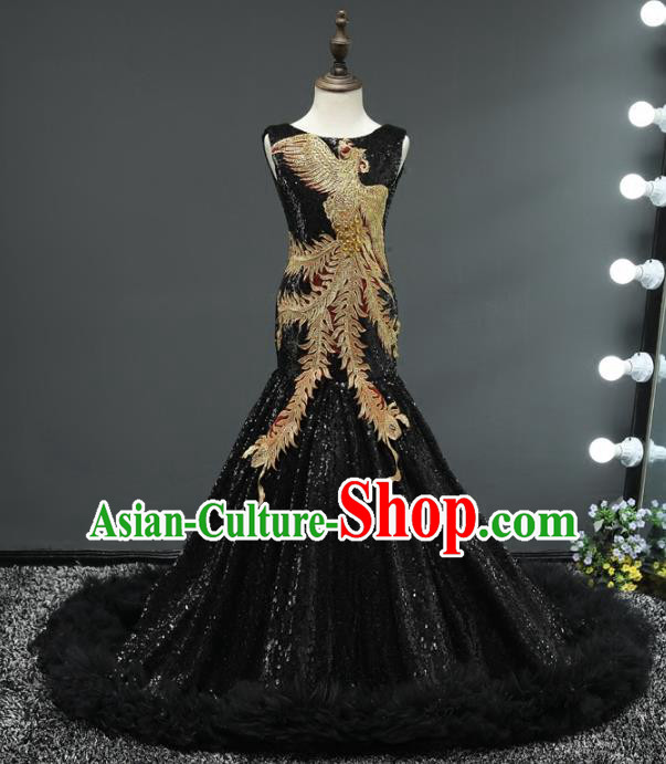 Children Stage Performance Costumes Embroidered Phoenix Black Evening Dresses Modern Fancywork Full Dress for Kids