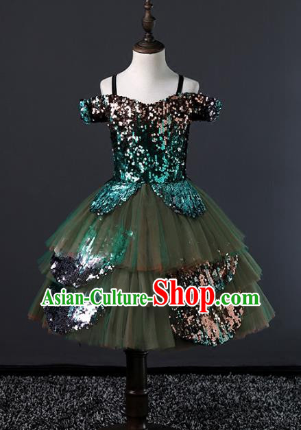 Children Stage Performance Costumes Green Bubble Evening Dresses Modern Fancywork Full Dress for Kids