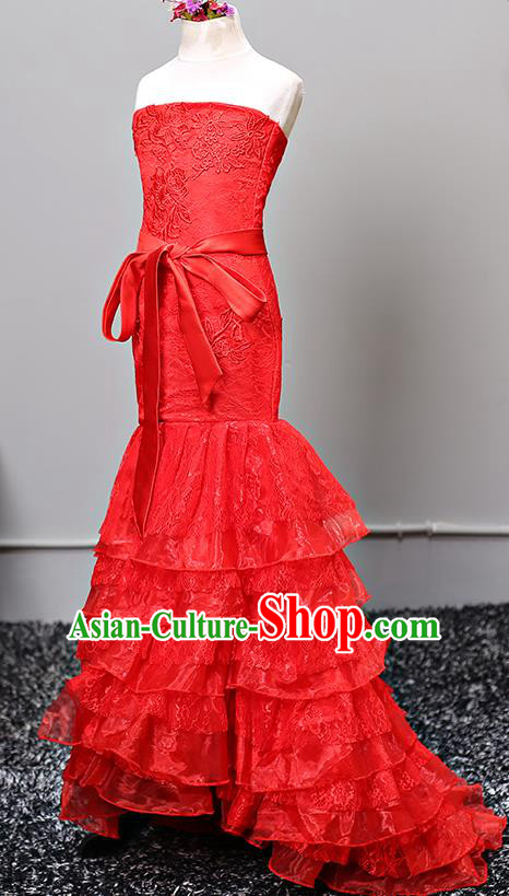 Top Grade Stage Performance Costumes Red Lace Mermaid Dress Modern Fancywork Full Dress for Kids