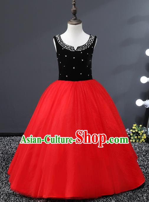 Top Grade Stage Performance Costumes Red Veil Bubble Dress Modern Fancywork Full Dress for Kids