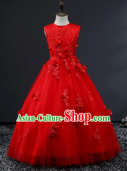 Top Grade Stage Performance Costumes Compere Red Bubble Dress Modern Fancywork Full Dress for Kids