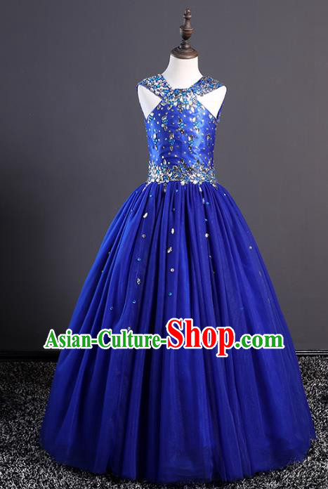 Top Grade Stage Performance Costumes Compere Blue Dress Modern Fancywork Full Dress for Kids