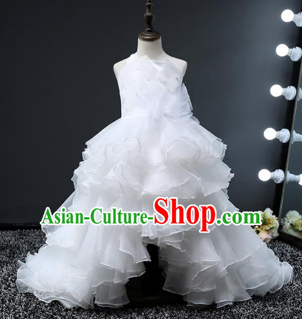 Top Grade Stage Performance Costumes Compere White Bubble Dress Modern Fancywork Full Dress for Kids