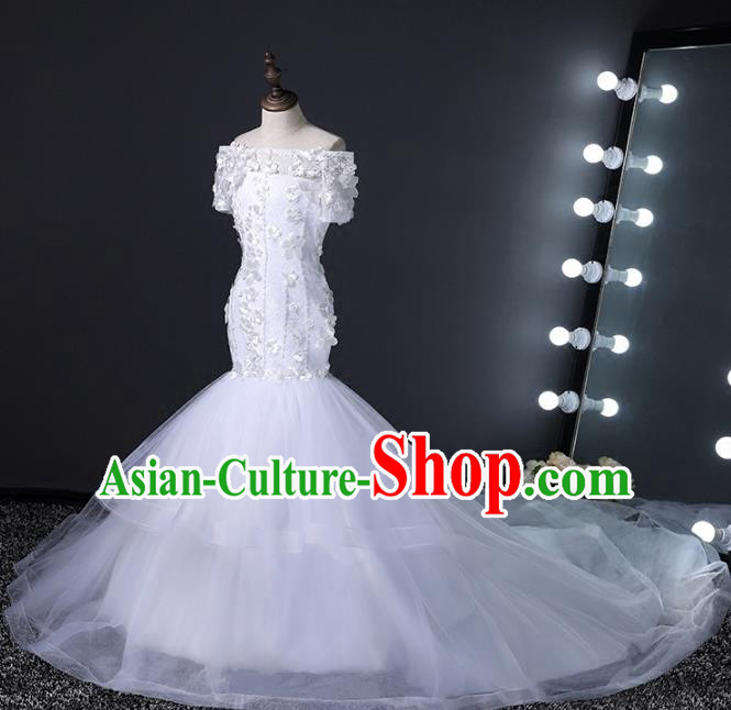 Top Grade Stage Performance Costumes Compere White Trailing Dress Modern Fancywork Full Dress for Kids