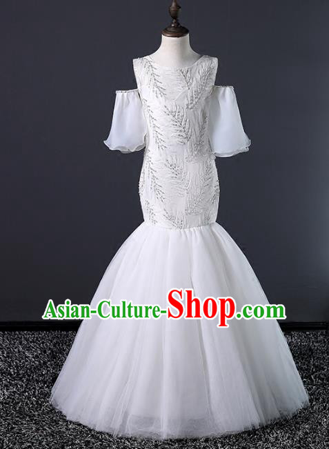 Top Grade Stage Performance Costumes Compere White Veil Mermaid Dress Modern Fancywork Full Dress for Kids