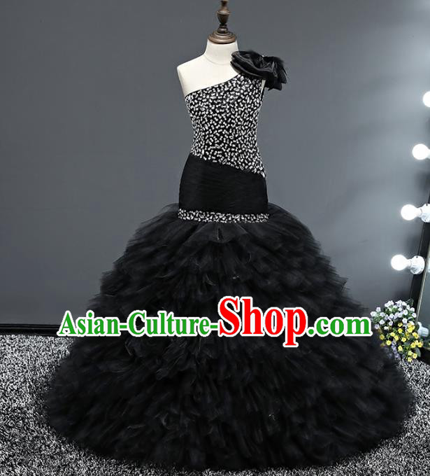 Top Grade Stage Performance Costumes Baroque Princess Black Dress Modern Fancywork Full Dress for Kids