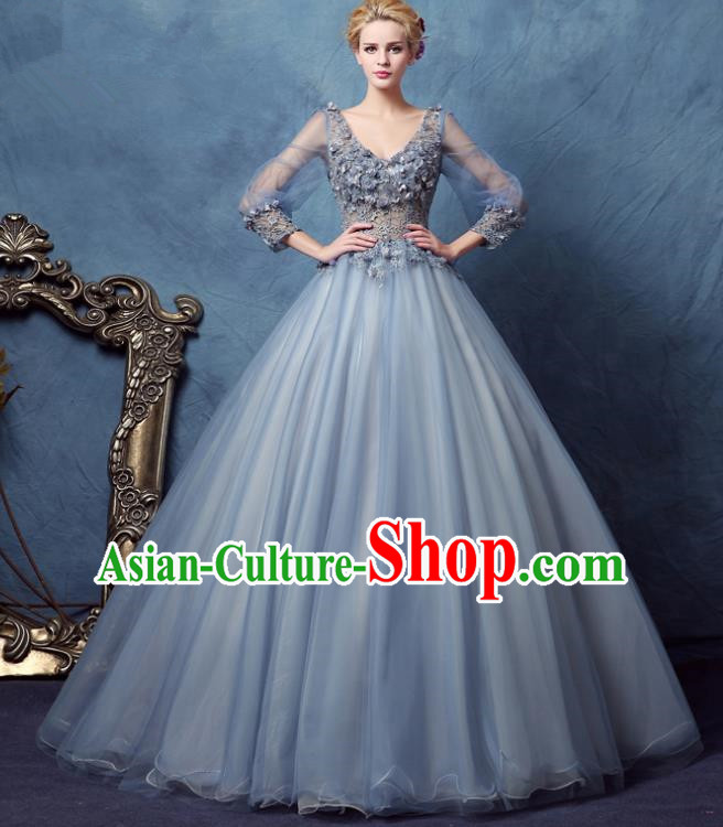 Top Grade Advanced Customization Wedding Dress Blue Bridal Veil Full Dress Costume for Women