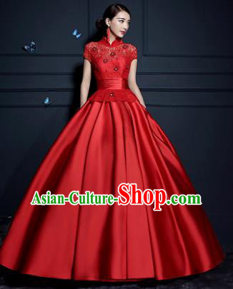 Top Grade Advanced Customization Wedding Dress Red Satin Bridal Full Dress Costume for Women