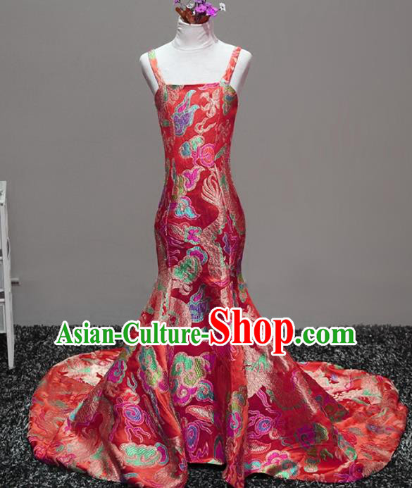 Top Grade Stage Performance Costumes Catwalks Red Brocade Trailing Dress Modern Fancywork Full Dress for Kids