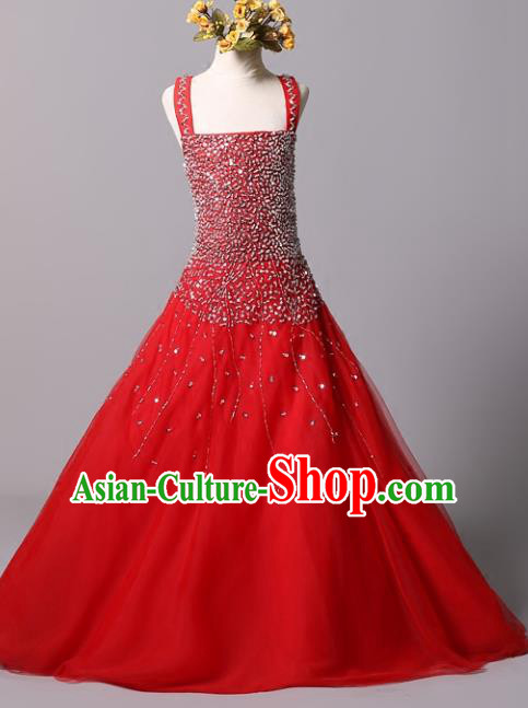 Top Grade Stage Performance Costumes Catwalks Beading Red Dress Modern Fancywork Full Dress for Kids