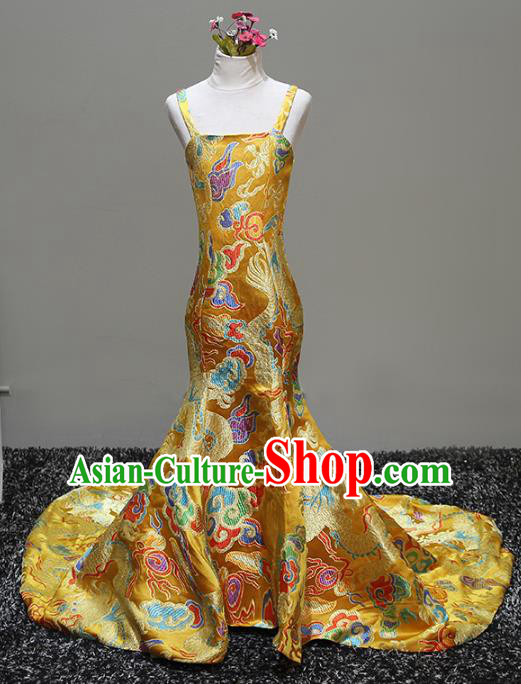 Top Grade Stage Performance Costumes Catwalks Yellow Brocade Dress Modern Fancywork Full Dress for Kids