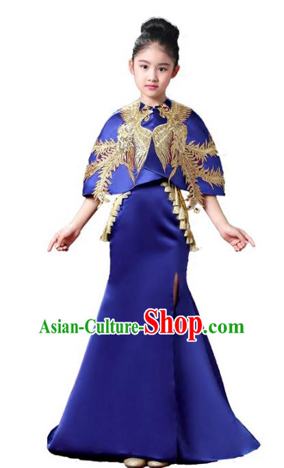 Top Grade Stage Performance Costumes Compere Royalblue Cheongsam Modern Fancywork Full Dress for Kids