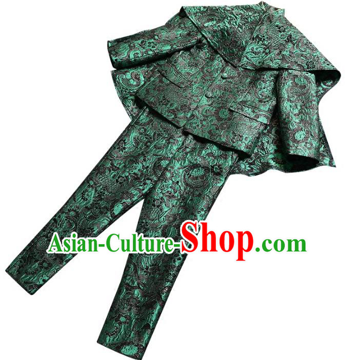 Top Grade Stage Performance Costumes Children Compere Green Suits Modern Fancywork Clothing for Kids