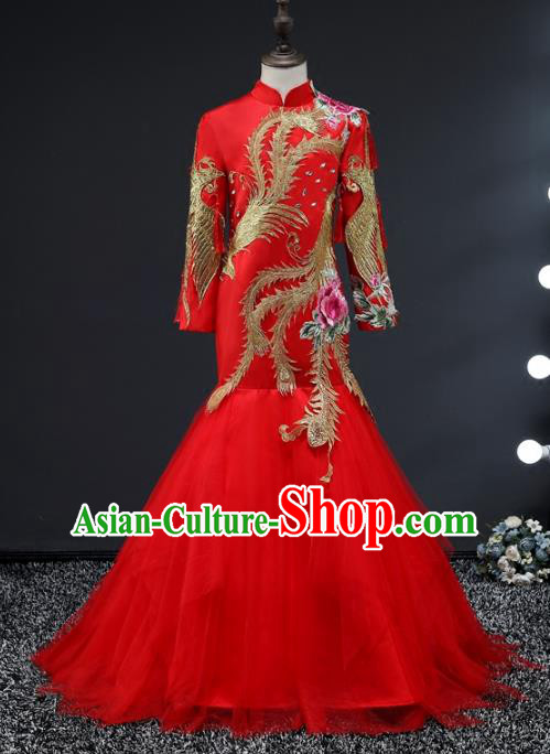 Top Grade Compere Stage Performance Costumes Children Catwalks Red Cheongsam Modern Fancywork Full Dress for Kids