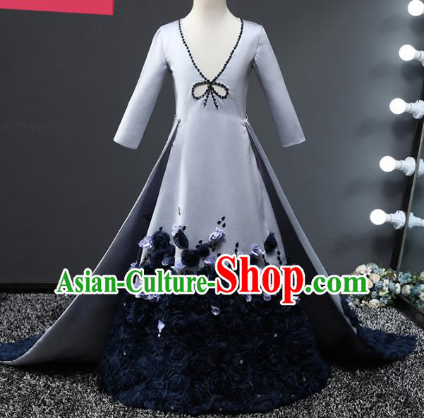 Top Grade Compere Stage Performance Costumes Children Catwalks Grey Trailing Dress Modern Fancywork Full Dress for Kids