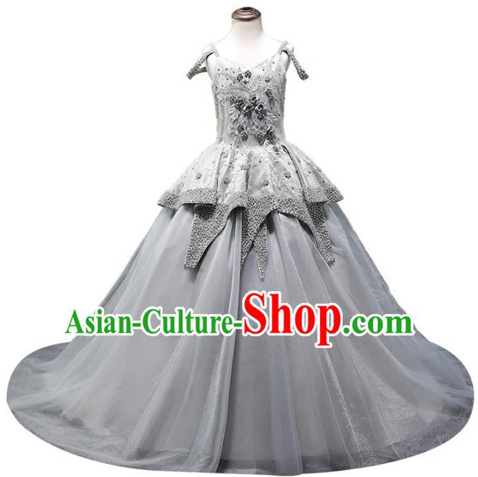 Top Grade Compere Stage Performance Costumes Children Catwalks Princess Grey Dress Modern Fancywork Full Dress for Kids