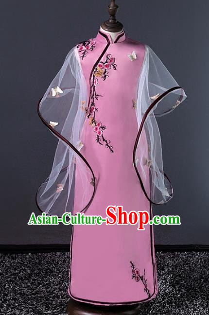 Top Grade Compere Costumes Children Stage Performance Catwalks Pink Cheongsam Modern Fancywork Full Dress for Kids