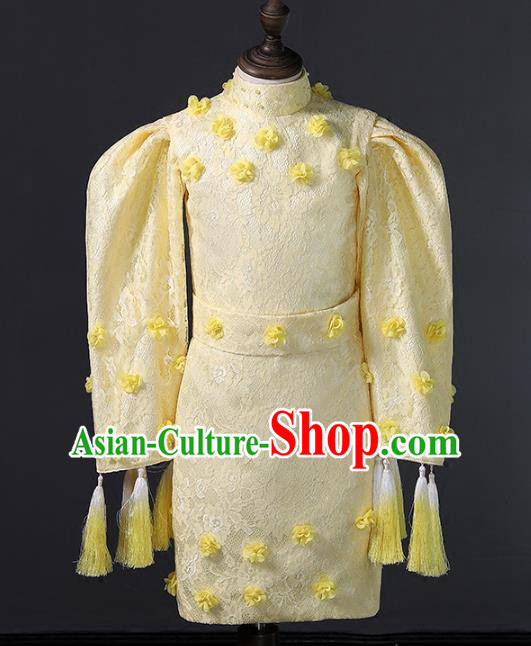 Top Grade Compere Costumes Children Stage Performance Yellow Dress Modern Fancywork Full Dress for Kids