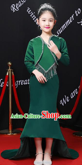 Top Grade Compere Costumes Children Stage Performance Green Trailing Dress Modern Fancywork Full Dress for Kids