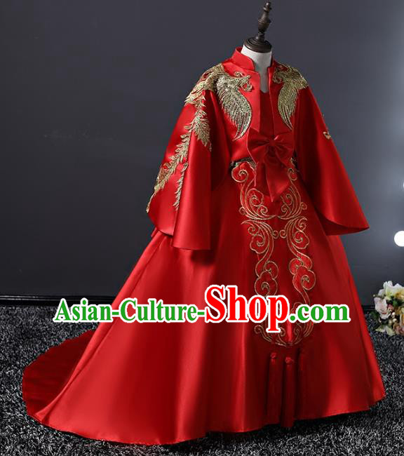 Top Grade Compere Costumes Children Stage Performance Red Trailing Dress Modern Fancywork Full Dress for Kids