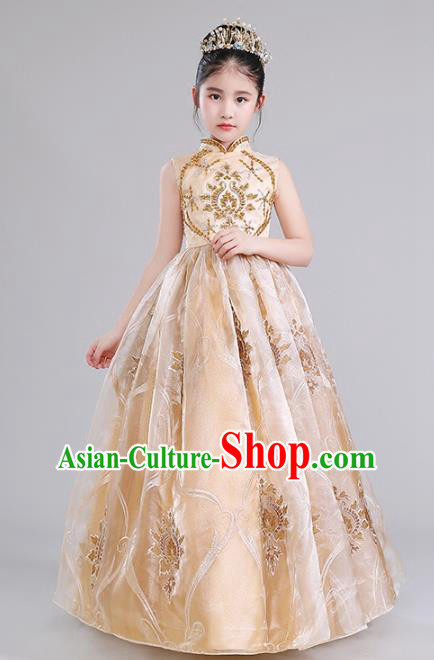 Top Grade Compere Costumes Children Golden Princess Dress Modern Fancywork Full Dress for Kids