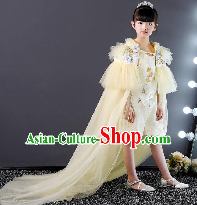 Top Grade Compere Costumes Children Yellow Veil Mullet Dress Modern Fancywork Full Dress for Kids