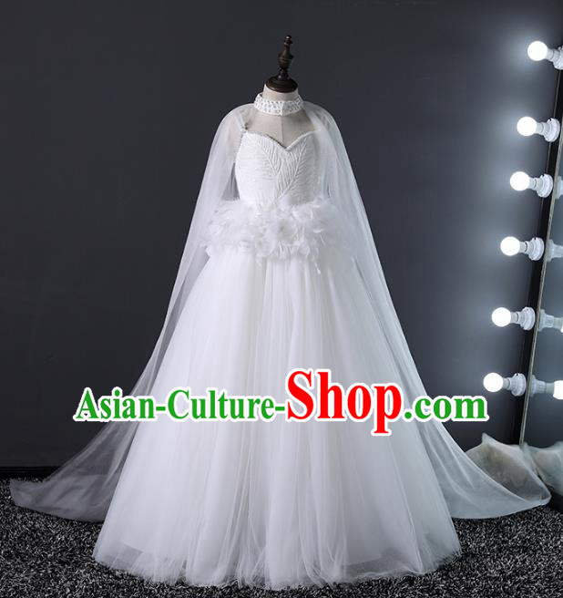 Top Grade Compere Costumes Children White Veil Mullet Dress Modern Fancywork Full Dress for Kids