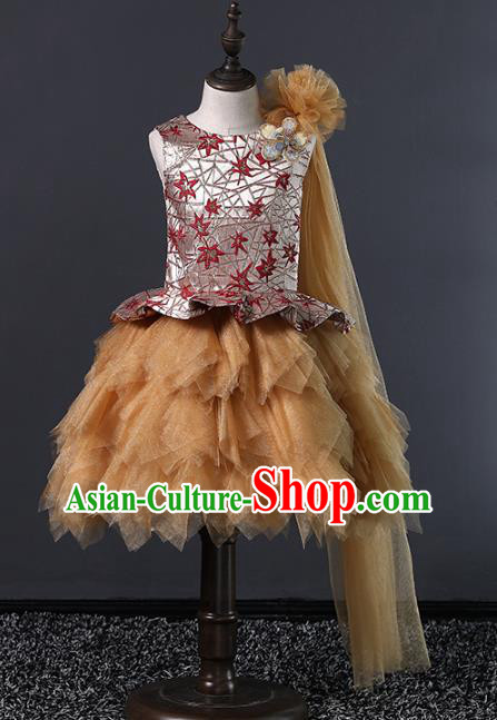 Top Grade Compere Costumes Children Brown Veil Bubble Dress Modern Fancywork Full Dress for Kids