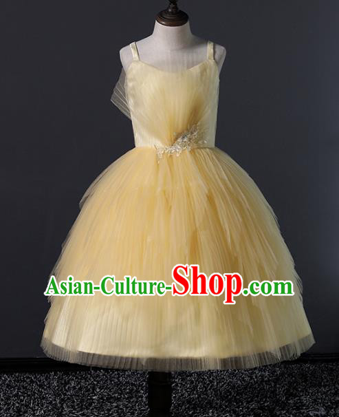 Top Grade Compere Costumes Children Yellow Veil Bubble Dress Modern Fancywork Full Dress for Kids