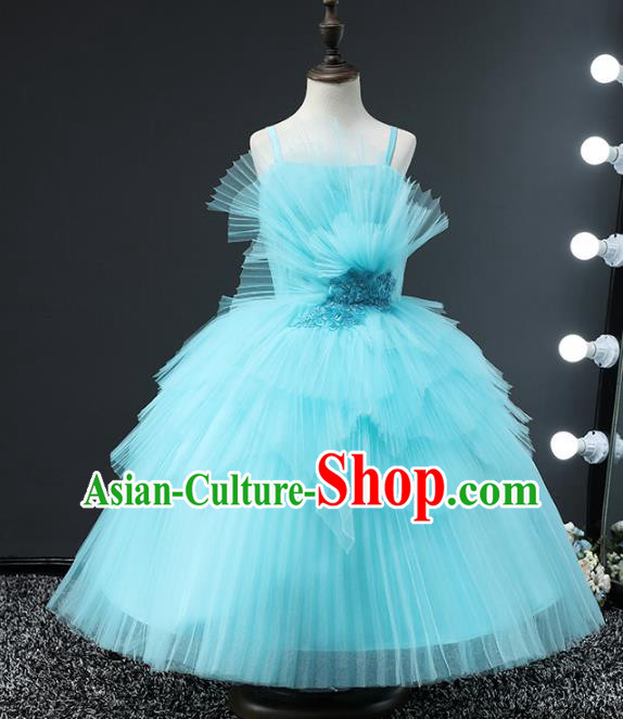 Top Grade Compere Stage Performance Costumes Children Catwalks Blue Bubble Dress Modern Fancywork Full Dress for Kids