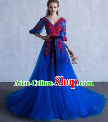 Top Grade Advanced Customization Blue Veil Mullet Dress Flat Shouders Wedding Dress Compere Bridal Full Dress for Women