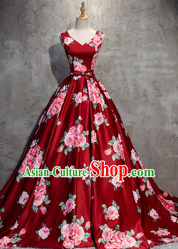 Top Grade Advanced Customization Printing Flowers Red Mullet Dress Wedding Dress Compere Bridal Full Dress for Women