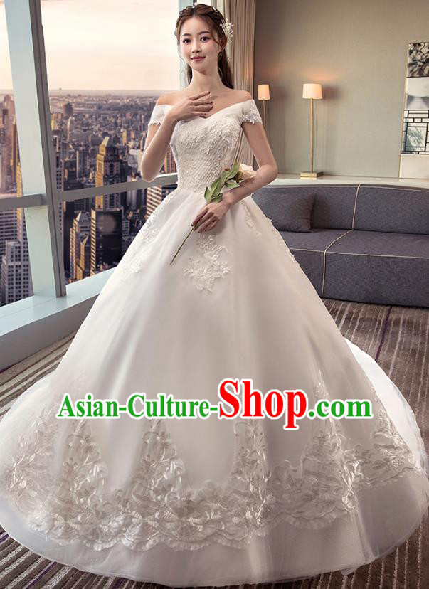 Top Grade Advanced Customization White Lace Trailing Evening Dress Wedding Dress Compere Bridal Full Dress for Women