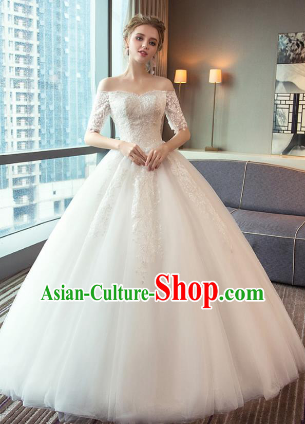 Top Grade Advanced Customization Flat Shouders Evening Dress White Veil Wedding Dress Compere Bridal Full Dress for Women