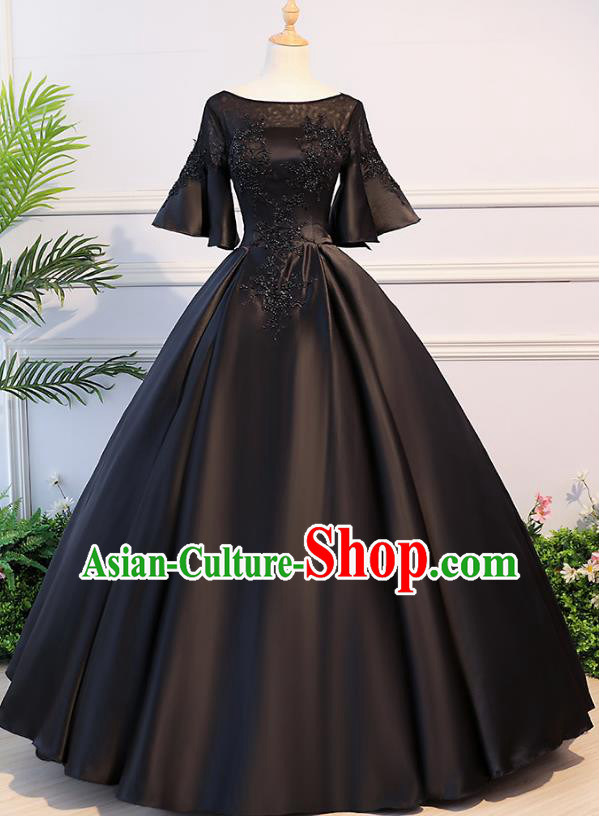 Top Grade Advanced Customization Evening Dress Black Satin Wedding Dress Compere Bridal Full Dress for Women