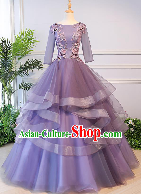 Top Grade Advanced Customization Evening Dress Purple Veil Wedding Dress Compere Bridal Full Dress for Women