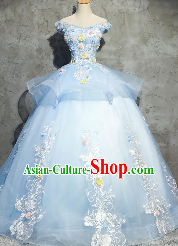 Top Grade Advanced Customization Flowers Evening Dress Blue Bubble Wedding Dress Compere Bridal Full Dress for Women