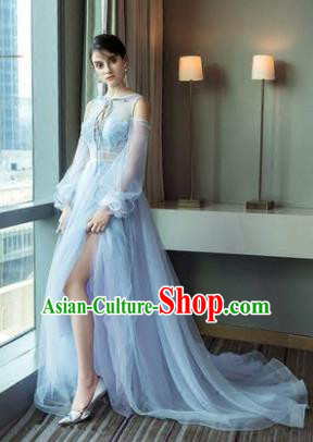 Top Grade Advanced Customization Blue Evening Dress Trailing Wedding Dress Compere Bridal Full Dress for Women