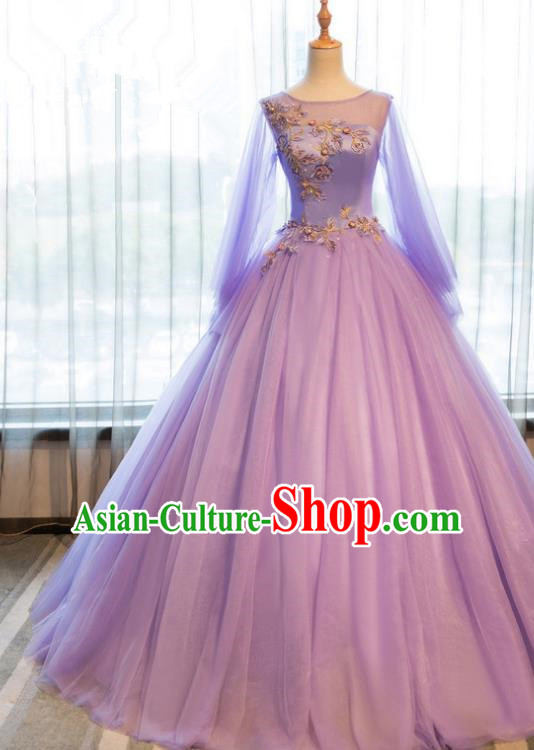 Top Grade Wedding Costume Evening Dress Advanced Customization Purple Veil Dress Compere Bridal Full Dress for Women