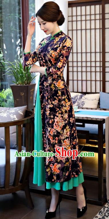 Top Grade Chinese Printing Flowers Black Velvet Qipao Dress National Costume Traditional Mandarin Cheongsam for Women