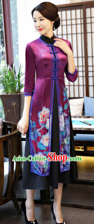 Top Grade Chinese Printing Lotus Purple Qipao Dress National Costume Traditional Mandarin Cheongsam for Women