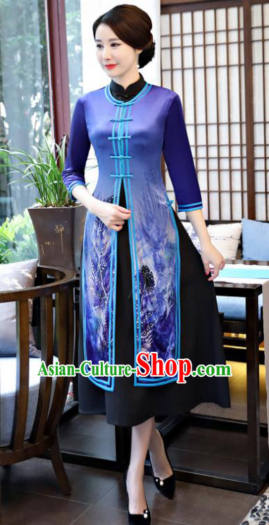 Top Grade Chinese Printing Blue Qipao Dress National Costume Traditional Mandarin Cheongsam for Women