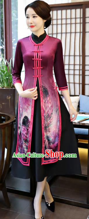 Top Grade Chinese Printing Purple Qipao Dress National Costume Traditional Mandarin Cheongsam for Women