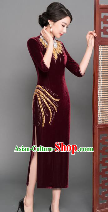 Top Grade Chinese Wine Red Velvet Beading Qipao Dress National Costume Traditional Mandarin Cheongsam for Women